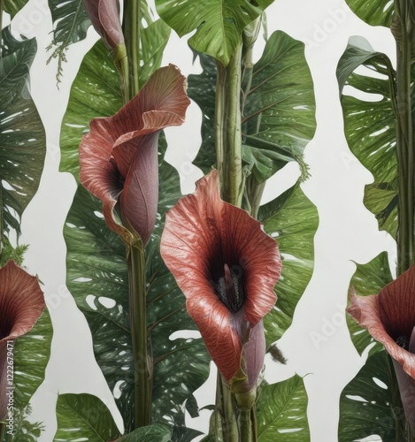 Giant amorphophallus leaves with intricate veins on white background, nature, white background photo