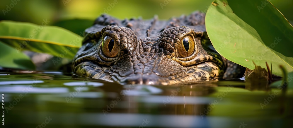 Fototapeta premium Close-up of a crocodile partially submerged in a river, surrounded by green leaves, with vibrant reflections on the water's surface.