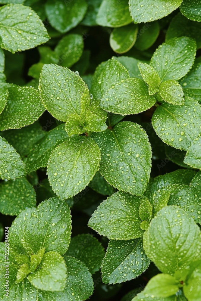A close-up of fresh dewdrops on leafy green plants A close-up of fresh dewdrops on leafy green plants