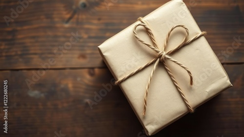 Gift wrapping of present box using brown craft paper and rustic twine, earthy tones, decoration
