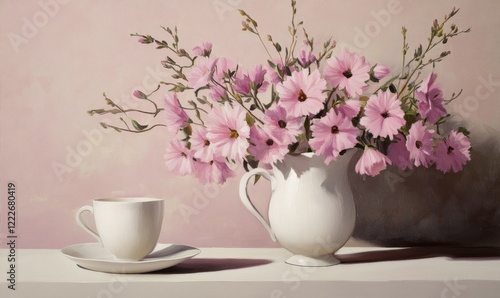 Wallpaper Mural Forced perspective of pink flowers in a white vase with a matching cup nearby Torontodigital.ca
