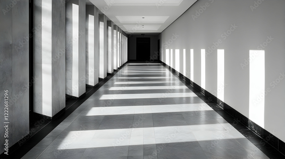 Long corridor illuminated by sunlight with contrasting shadows in a modern architectural space during daytime Long corridor illuminated by sunlight with contrasting shadows in a modern architectural space during daytime