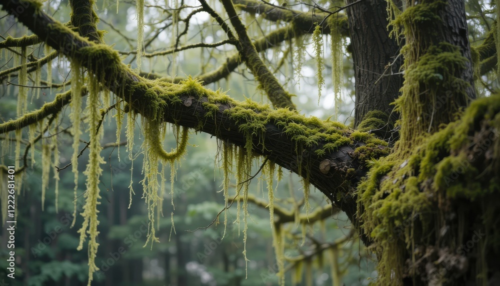 Fototapeta premium Lush Green Moss Drapes a Forest Branch