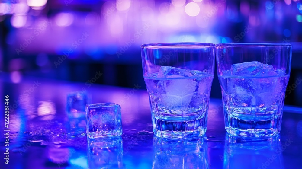 Close-up of Cocktail Glass with Ice Cubes on Bar Counter in Nightclub, Highlighted by Blue Neon Lights, Creating a Trendy and Vibrant Nightlife Atmosphere. Close-up of Cocktail Glass with Ice Cubes on Bar Counter in Nightclub, Highlighted by Blue Neon Lights, Creating a Trendy and Vibrant Nightlife Atmosphere.