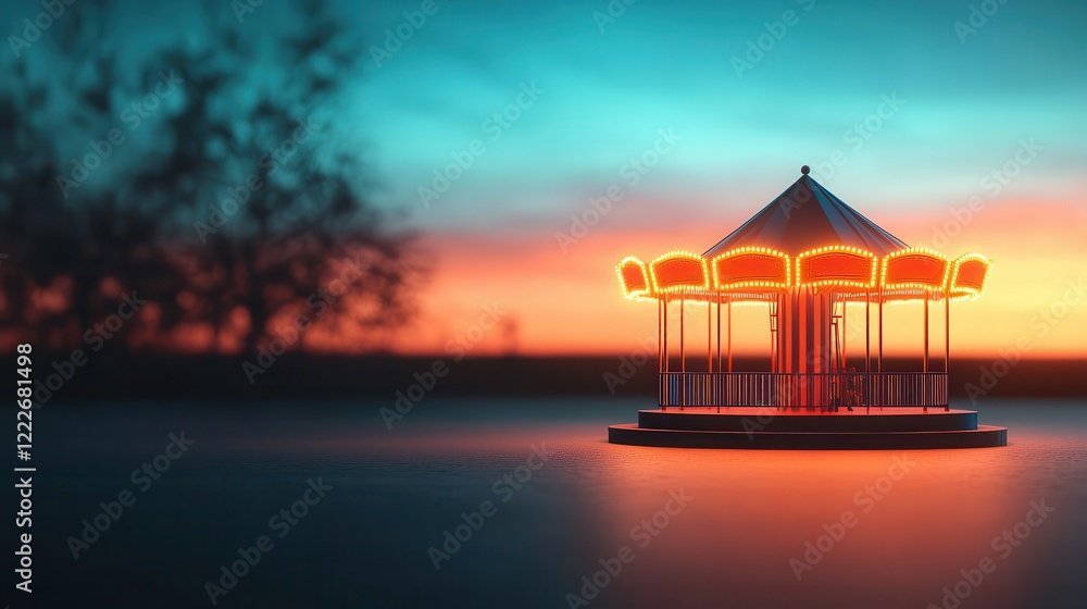 Glowing carousel with each ride telling a different story, narrative in motion, 3D illustration Glowing carousel with each ride telling a different story, narrative in motion, 3D illustration
