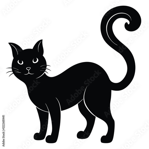 Black Cat Silhouette Clipart: Elegant Curled Tail, Vector Illustration, Halloween Graphic, Simple Design, Pet Image