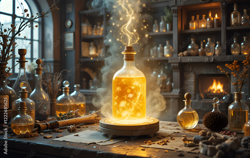 stunning design perfumery laboratory with bottle with magic golden liquid. Digital artwork for design and marketing. Ai generated.