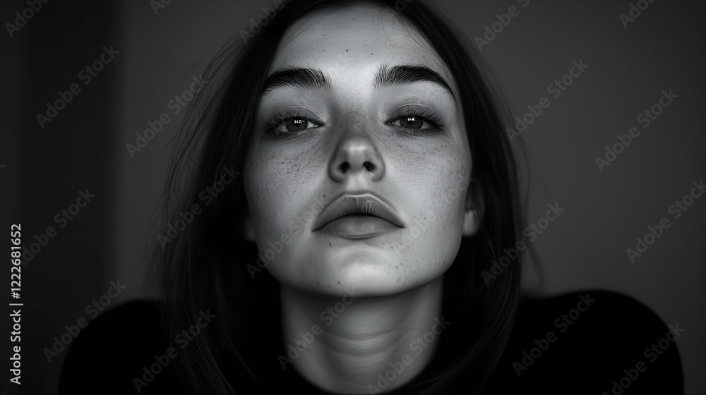 Fototapeta premium Portrait of a woman with expressive features captured in dramatic black and white lighting for artistic presentation
