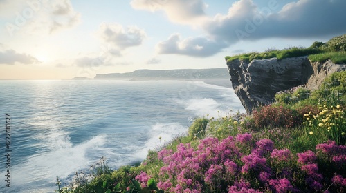 Serene Coastal Cliffside at Sunrise, Blooming Wildflowers and Ocean Waves