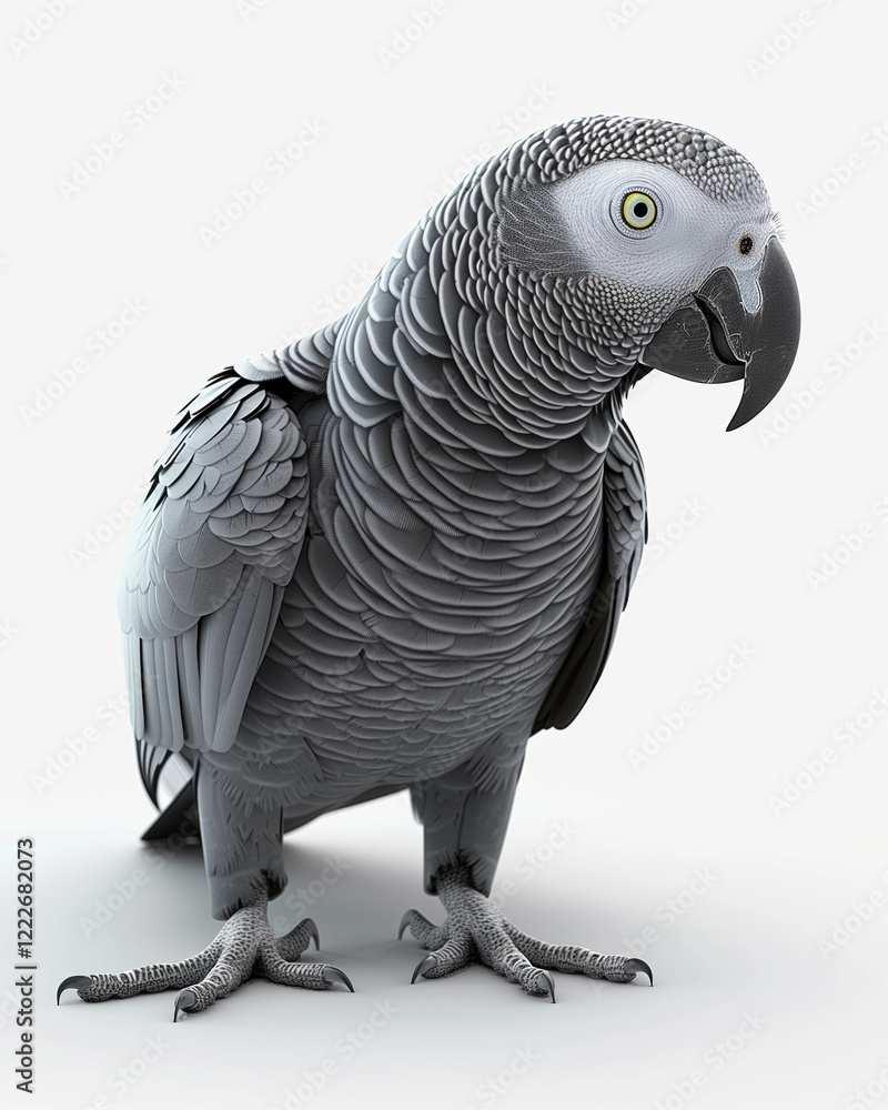 Obraz premium African Grey Parrot stands proudly in photorealistic detail against a white background in daylight