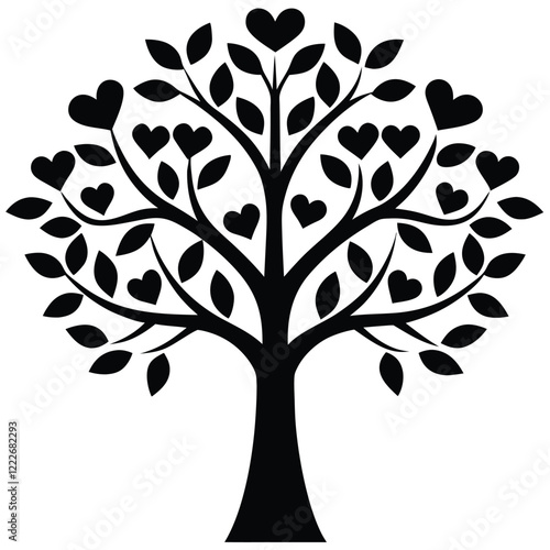 Black Silhouette Heart Tree Clipart: Love, Family, Romance, Vector Illustration, Graphic Design Element, Printable Art