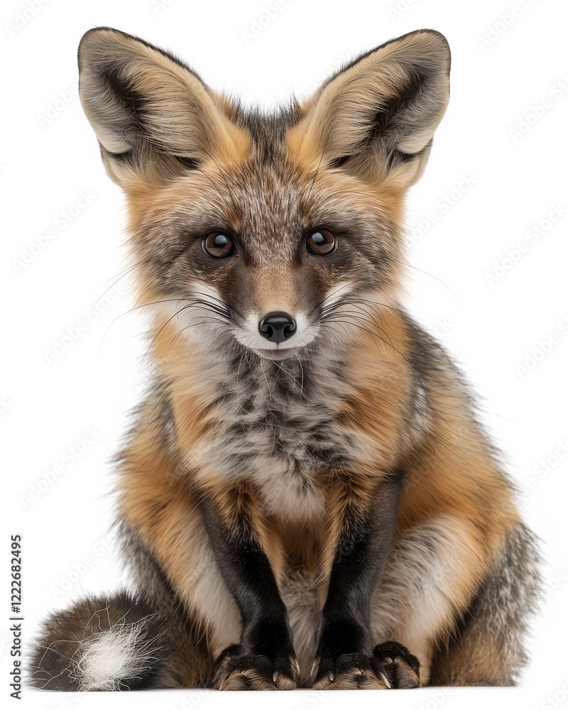 Bat-eared fox seated in a photorealistic rendering against a white background during daylight hours Bat-eared fox seated in a photorealistic rendering against a white background during daylight hours