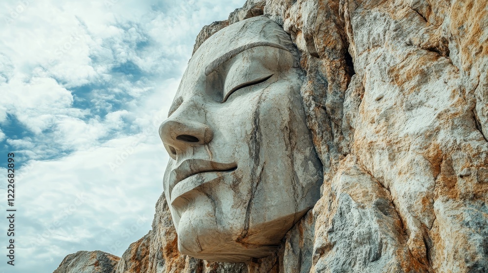 Majestic stone sculpture of a serene face nestled in rugged mountain terrain under a cloudy sky Majestic stone sculpture of a serene face nestled in rugged mountain terrain under a cloudy sky