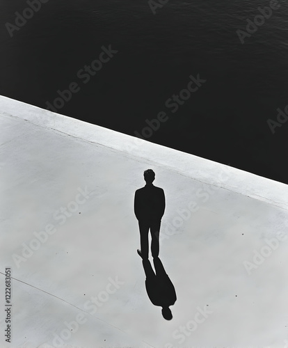Silhouette of a person standing on a stark surface beside dark water during the daytime with vibrant contrasts of light and shadow