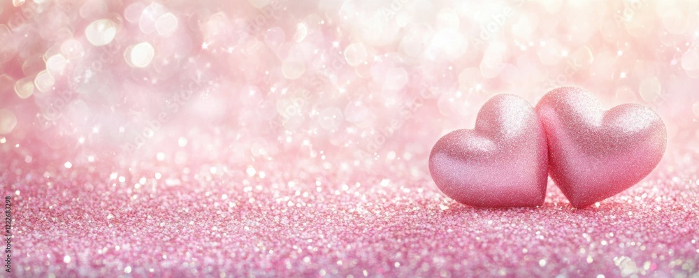 Obraz premium Sparkling pink hearts on glittery surface with bokeh background