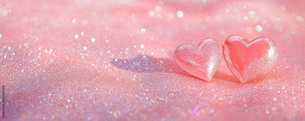 Fototapeta premium Pink glitter sparkle background with two glittery hearts