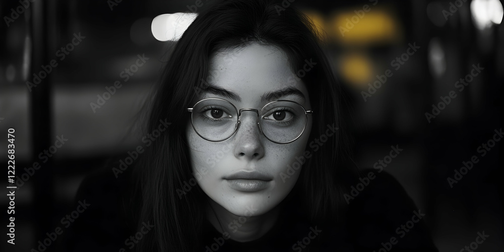 Fototapeta premium Young woman with glasses gazes intently while sitting indoors at night in a softly lit setting