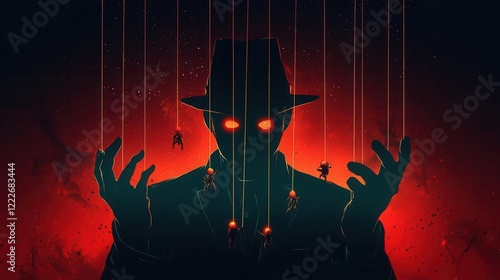 Puppet master with glowing strings bringing a fable to life, handson storytelling, 3D illustration