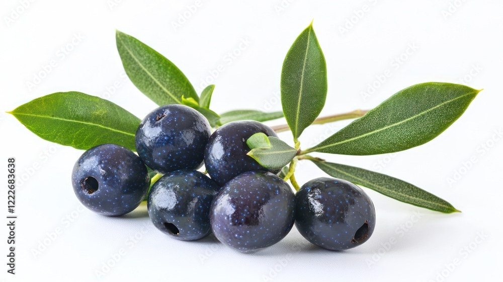 A cluster of dark blue olives with green leaves on a white background. A cluster of dark blue olives with green leaves on a white background.