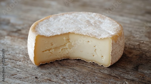 A round cheese wheel with a slice removed, showcasing its creamy interior. photo