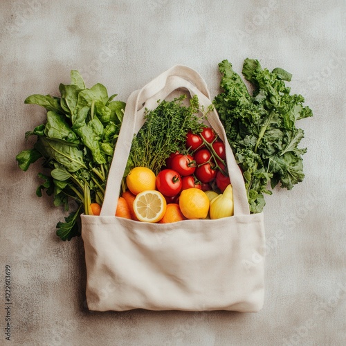 An eco-friendly cotton bag filled with fresh produce like tomatoes, spinach, kale, oranges, and a lemon, highlighting healthy and sustainable living. photo