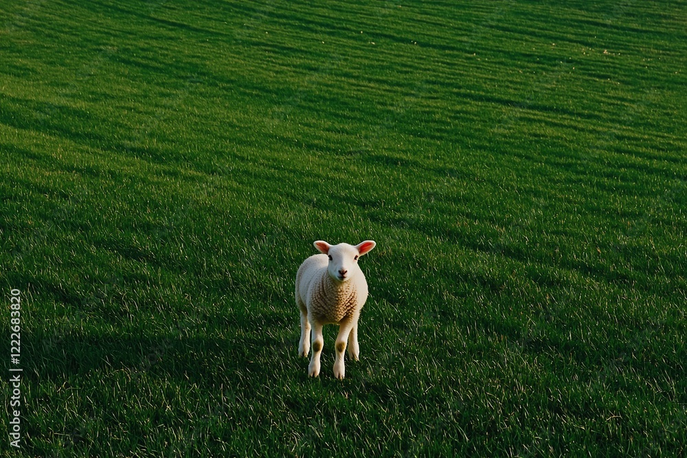 Obraz premium A curious lamb stands alone in a lush green pasture under a clear blue sky, symbolizing tranquility