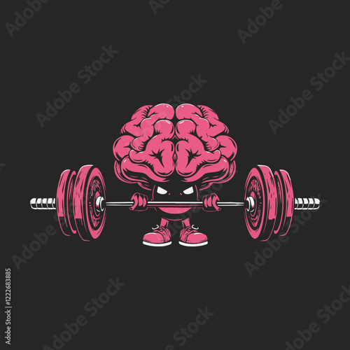 Strong brain with a barbell , flat style vector illustration isolated on black background.