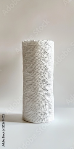 A roll of white paper towels standing upright on a plain background. photo