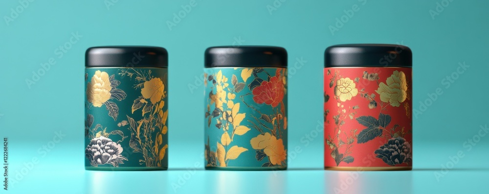 Obraz premium Ornate floral tea canisters with gold embellishments on vibrant background