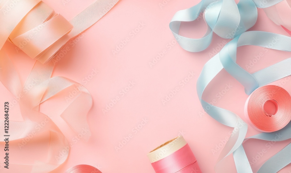 Decorative ribbon and a flat object placed on a pastel pink backdrop in a creative workspace Decorative ribbon and a flat object placed on a pastel pink backdrop in a creative workspace