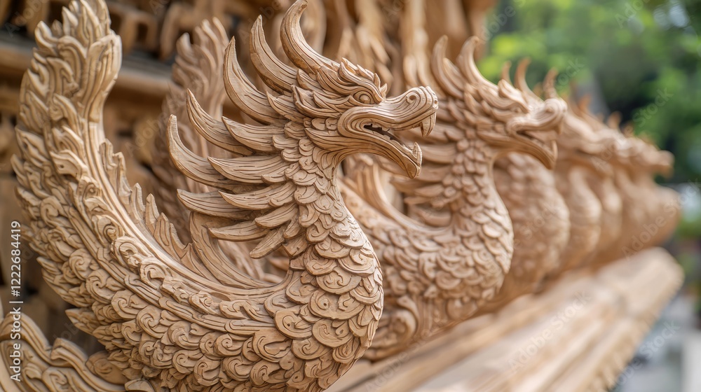 Majestic Hand-Carved Wooden Apex Ornaments with Stylized Phoenix Tail Detail in Cinematic Image of Ultra-Detailed Thai Architecture Majestic Hand-Carved Wooden Apex Ornaments with Stylized Phoenix Tail Detail in Cinematic Image of Ultra-Detailed Thai Architecture