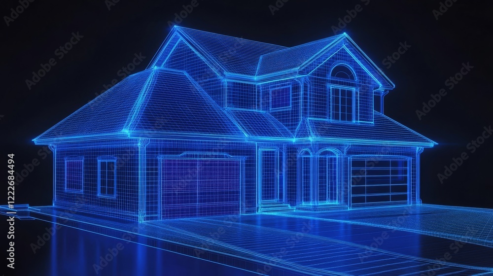 3D representation of a modern house design in wireframe style against a dark background
