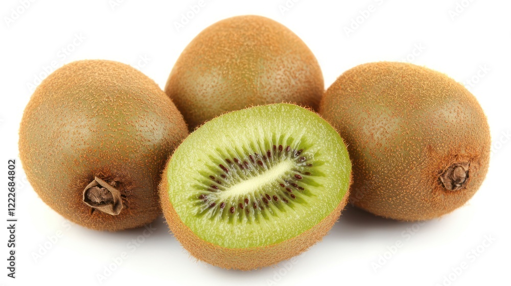 Three whole kiwifruits and one cut in half, showcasing its green flesh and seeds. Three whole kiwifruits and one cut in half, showcasing its green flesh and seeds.