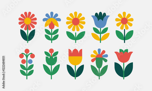 Vector illustration featuring vibrant colorful spring flowers and leaves, easily editable.