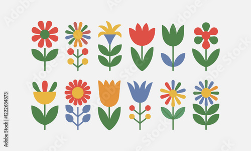 Vector illustration featuring vibrant colorful spring flowers and leaves, easily editable.