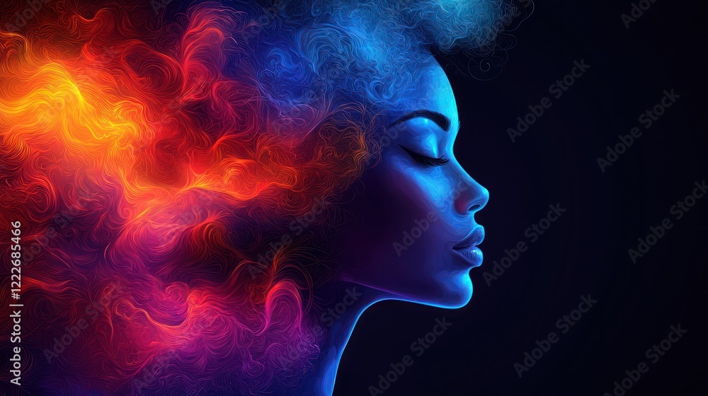 Serene Digital Art: Woman's Profile with Colorful, Abstract Hair Serene Digital Art: Woman's Profile with Colorful, Abstract Hair