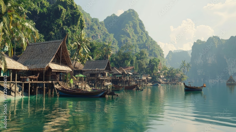 Fototapeta premium Serene Coastal Fishing Village with Traditional Thai Architecture and Bright Boats Moored in Cinematic Scene