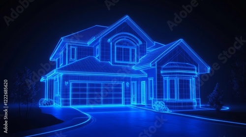 Futuristic house design illuminated in neon blue outline showcasing architectural features at night