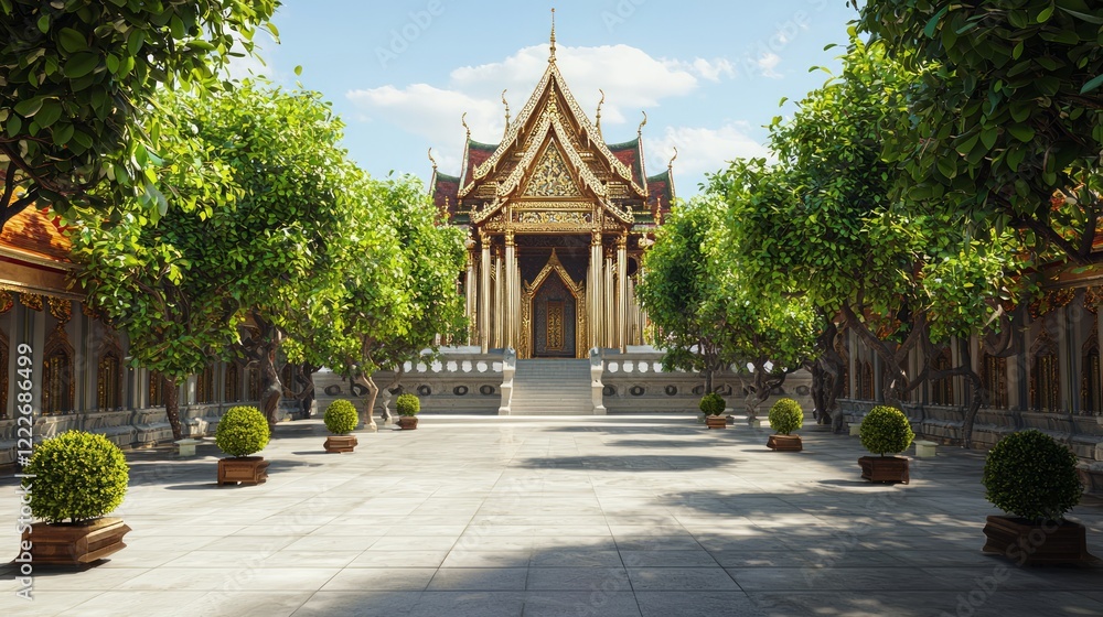 Obraz premium Serene Courtyard with Ornate Chedi and Lush Orchards - Ultra-Detailed Thai Architecture Cinematic Scene