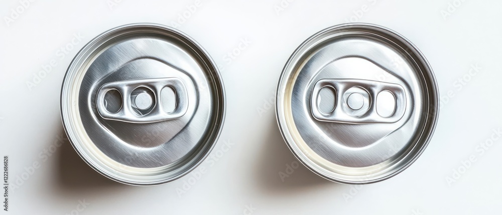 Two aluminum can tops viewed from above, showcasing their pull-tab openings. Two aluminum can tops viewed from above, showcasing their pull-tab openings.