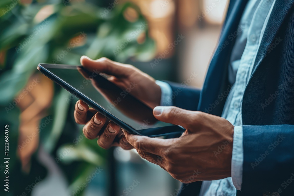 A person holding a tablet in a professional setting surrounded by greenery. A person holding a tablet in a professional setting surrounded by greenery.