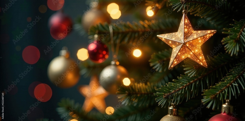 Bokeh illuminated stars amidst a Christmas tree, lighting, ornaments, festive Bokeh illuminated stars amidst a Christmas tree, lighting, ornaments, festive
