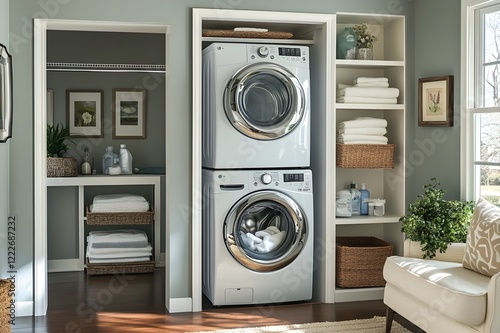 A laundry nook built into a closet, featuring a stackable washer and dryer and pull-out storage for laundry essentials