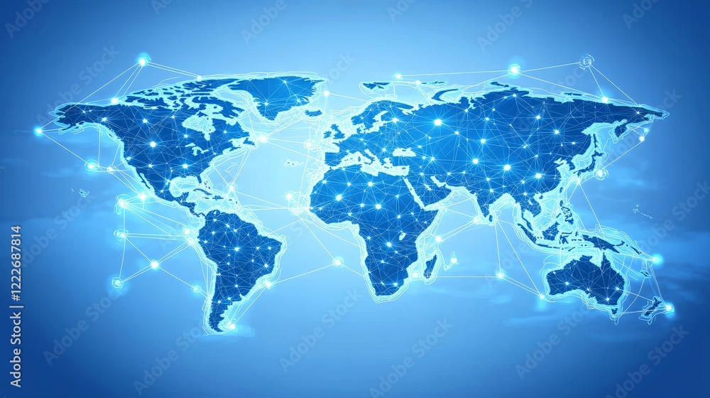 Obraz premium Digital World Map with Glowing Connections and Global Network Concept, Representing Data Transfer, Connectivity, and Technology in the Modern Digital Era.