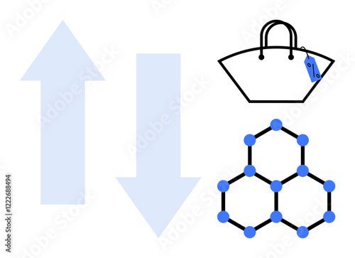 Upward and downward blue arrows, a handbag with a blue tag, and a hexagonal molecular structure with blue dots and black lines. Ideal for growth, decline, retail, fashion, chemistry, networking