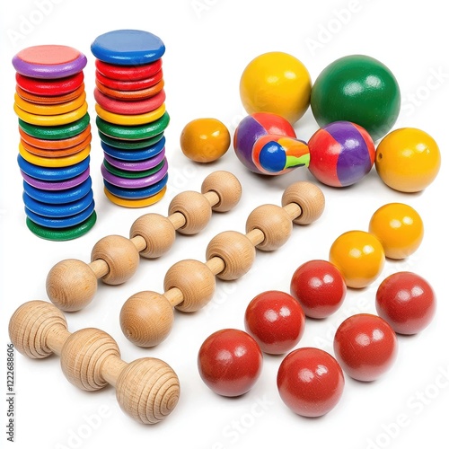 Colorful wooden toys for kids, sensory play, white background, educational photo