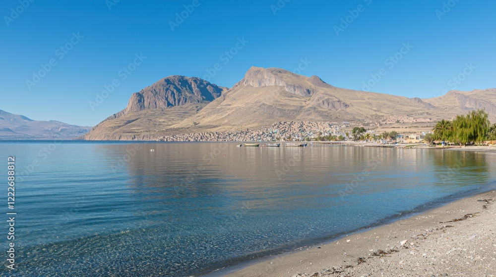 Calm lake beach, mountain view, village, clear sky, travel poster Calm lake beach, mountain view, village, clear sky, travel poster
