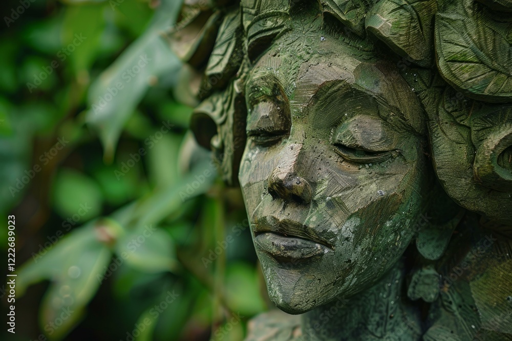 Fototapeta premium Close up of a serene stone face sculpture in a lush green garden setting
