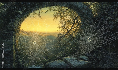 Dew-covered spider web glistens in the morning light