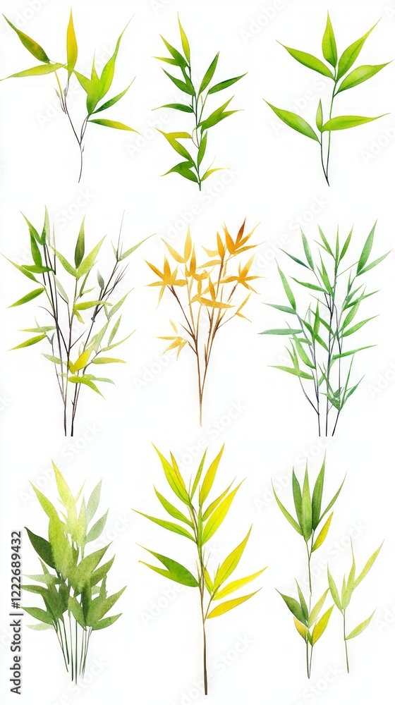 Fototapeta premium Watercolor Bamboo Leaves: Delicate Botanical Art for Home Decor